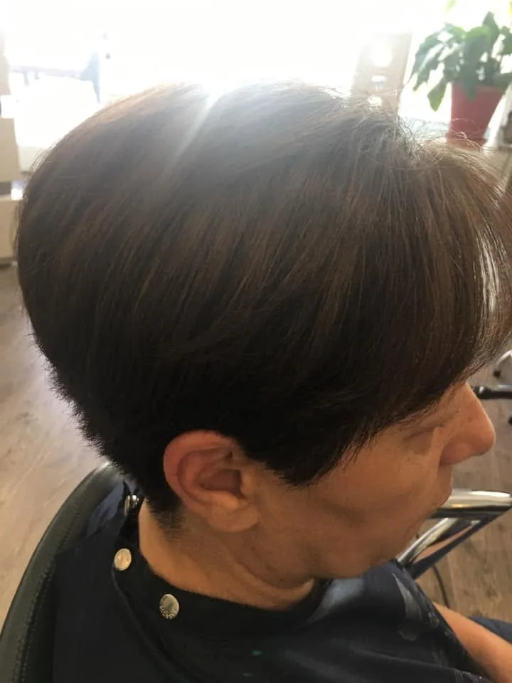 Dark-brown short graduated bob — profile, potted plant and window behind